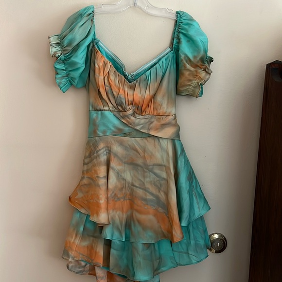Pants - Tie Dye Layered Romper Seafoam Green and Orange Sherbert Side Small romper dress